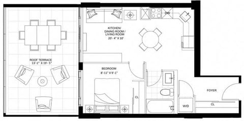Floor plan for 1 bed, 1 bath, 498 sqft